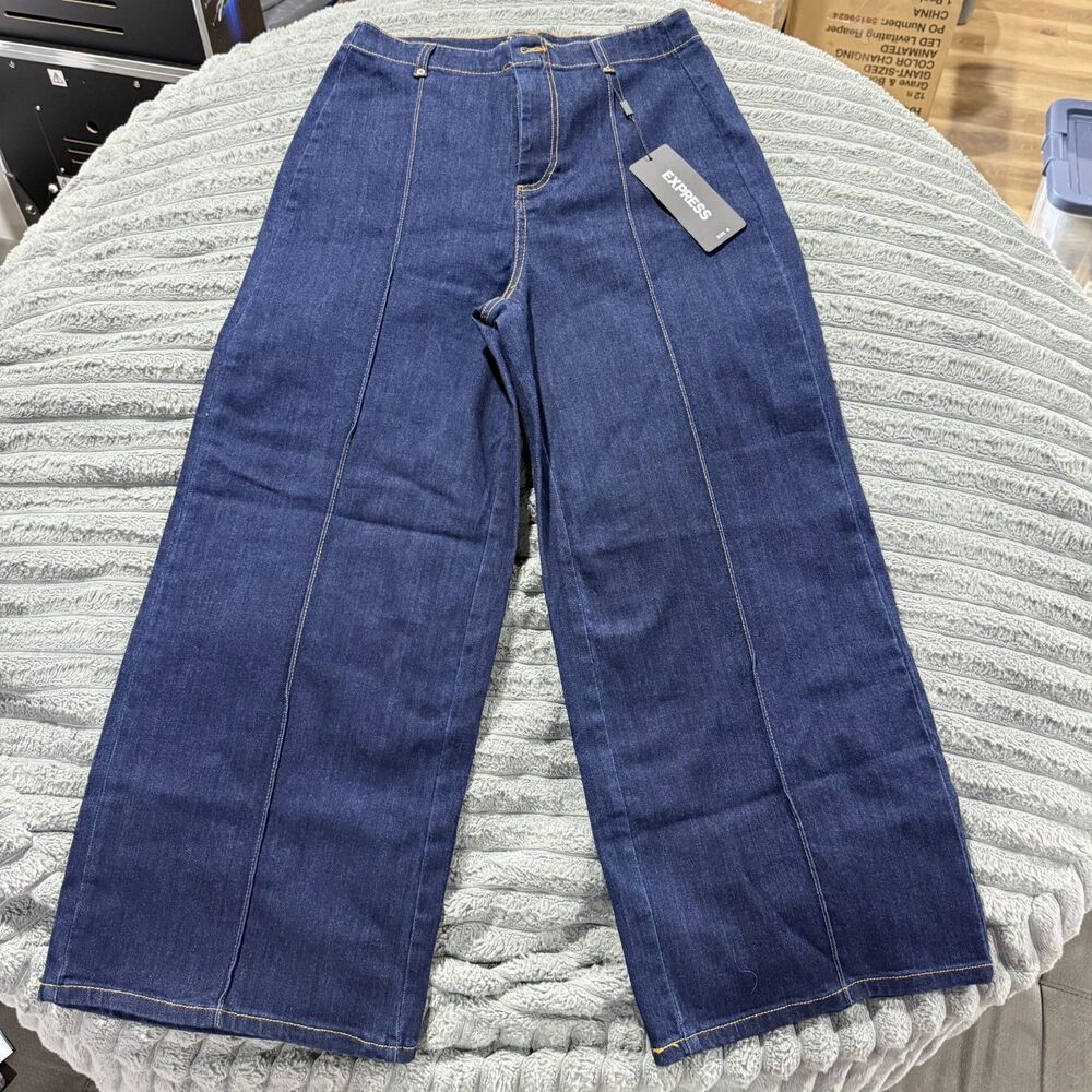 NWT Express High Rise Wide Leg Jeans Dark Wash Front Seam Size 8